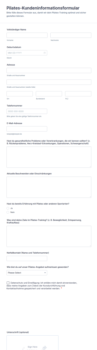 Pilates Kundeninformationsformular