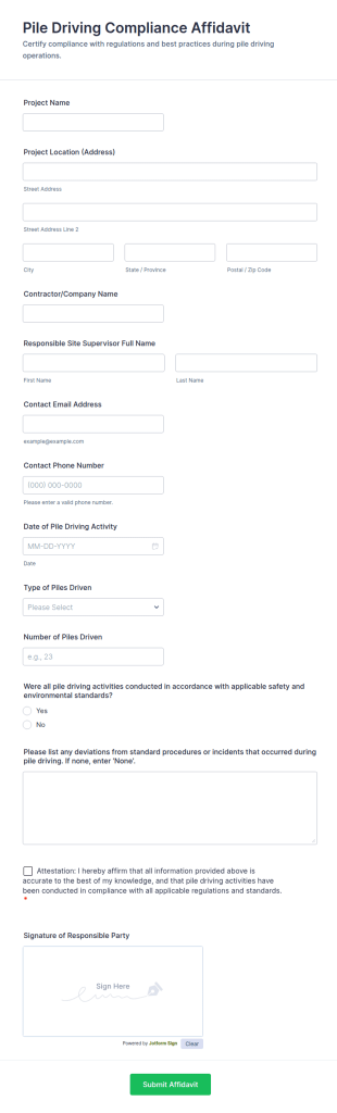 Pile Driving Compliance Affidavit Form Template