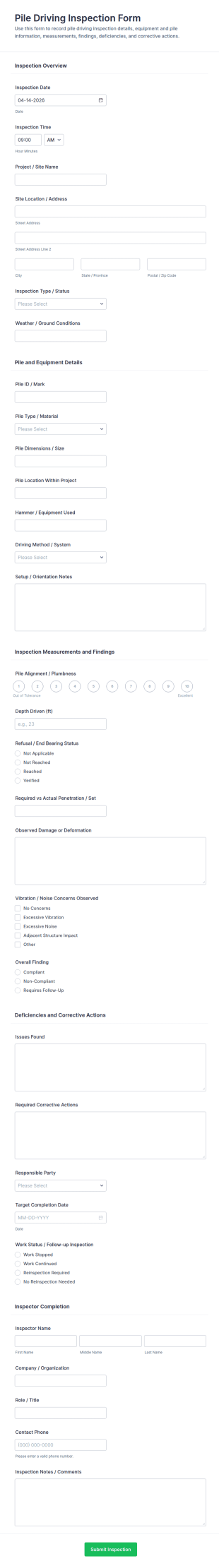 Pile Driving Inspection Form Template