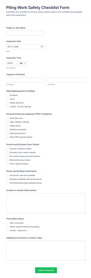 Piling Work Safety Checklist Form Template