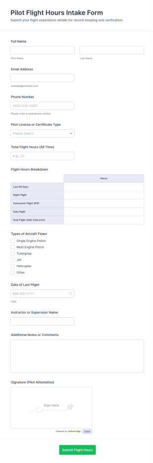 Pilot Flight Hours Intake Form Template