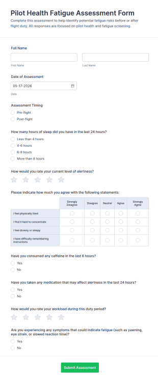 Pilot Health Fatigue Assessment Form Template