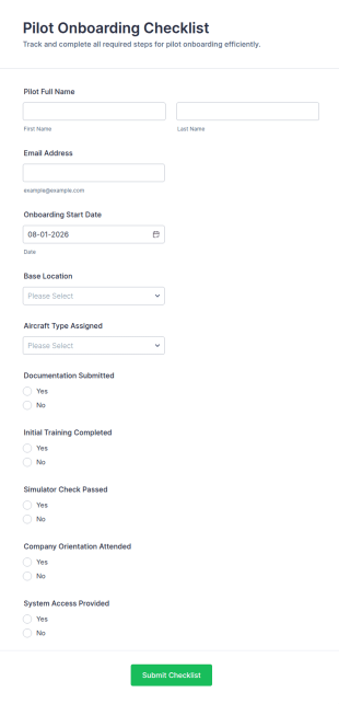 Pilot Onboarding Checklist Form Template