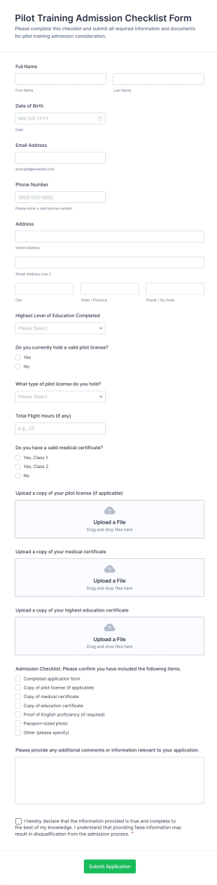 Pilot Training Admission Checklist Form Template