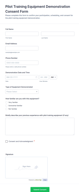 Pilot Training Equipment Demonstration Consent Form Template