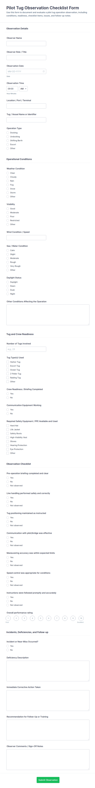 Pilot Tug Observation Checklist Form Template