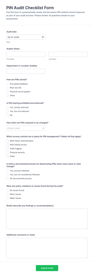 PIN Audit Checklist Form Template