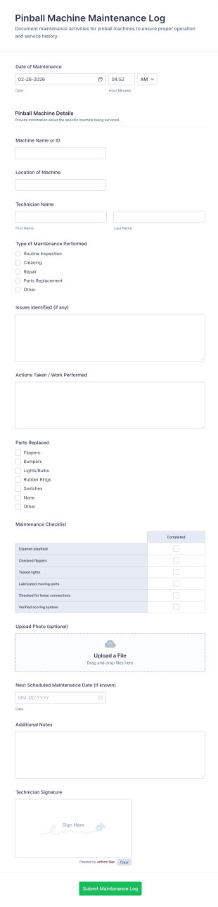 Pinball Machine Maintenance Log Form Template