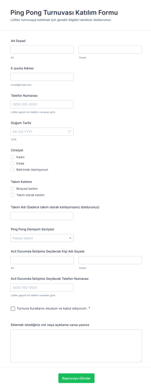 Ping Pong Turnuvası Katılım Form Şablonu