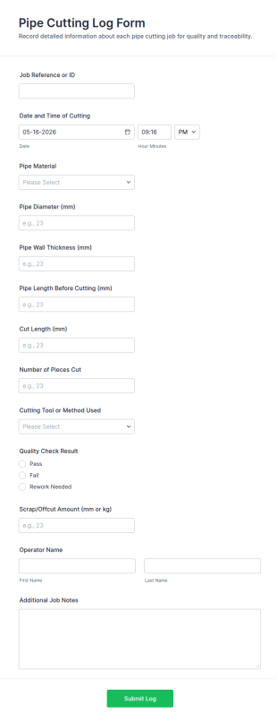 Pipe Cutting Log Form Template