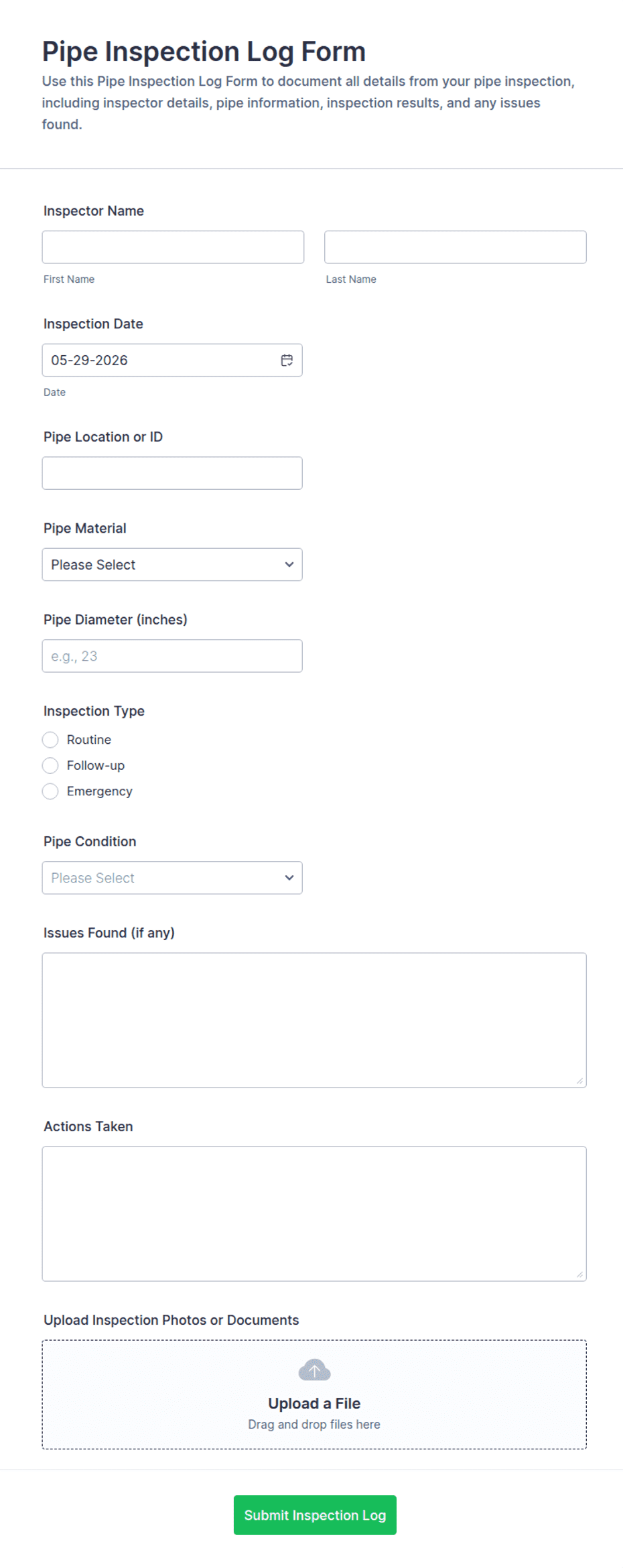 Pipe Order Form Pipe Inspection Log Form Template | Jotform