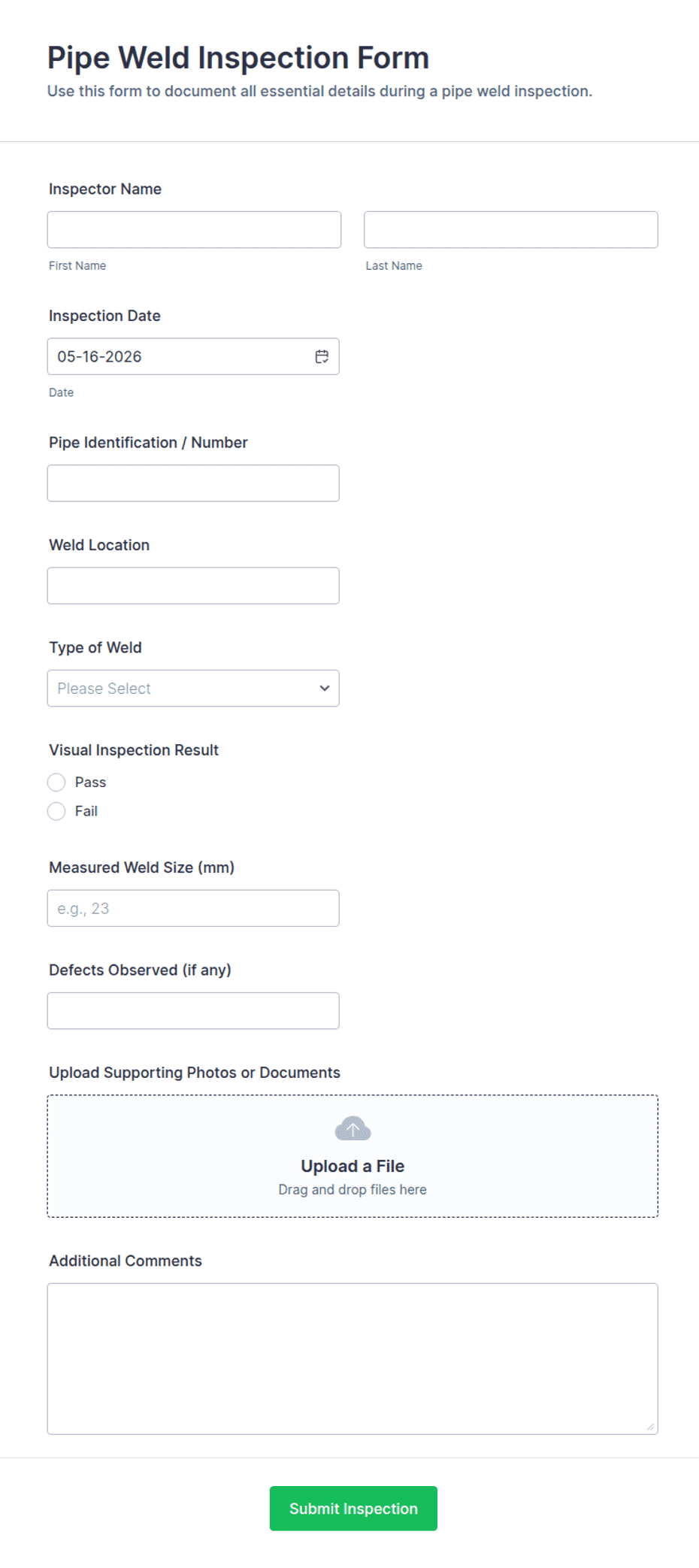 Pipe Weld Inspection Form Template | Jotform