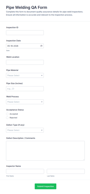 Pipe Welding QA Form Template