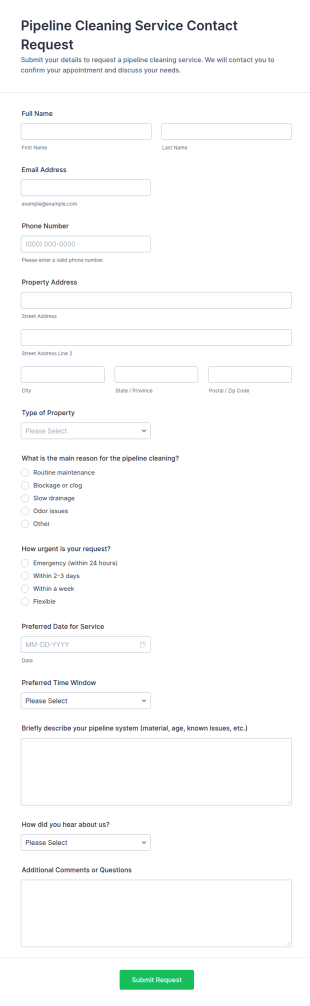 Pipeline Cleaning Service Contact Request Form Template