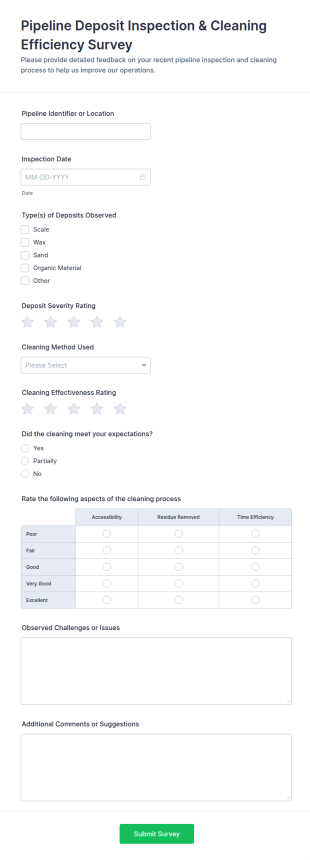 Pipeline Deposit Inspection & Cleaning Efficiency Survey Form Template