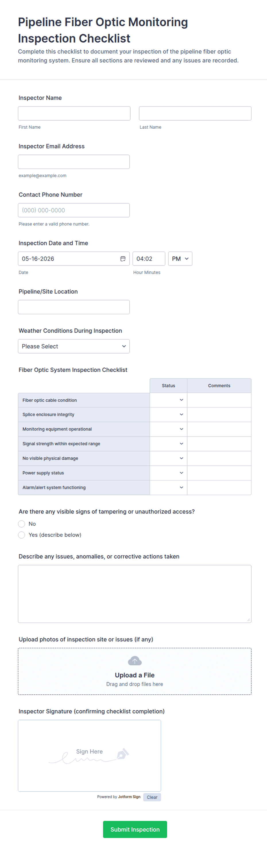 Pipeline Fiber Optic Monitoring Inspection Checklist Form Template ...
