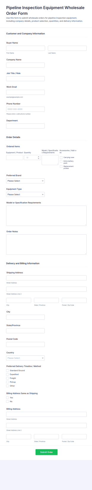 Pipeline Inspection Equipment Wholesale Order Form Template