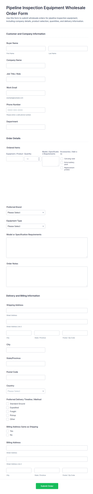 Pipeline Inspection Equipment Wholesale Order Form Template