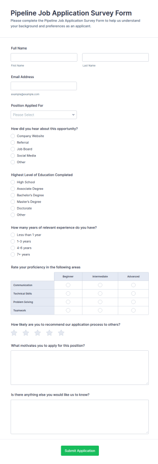 Pipeline Job Application Survey Form Template