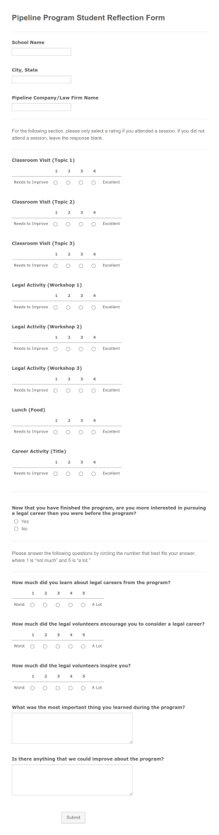 Pipeline Program Student Reflection Form Template