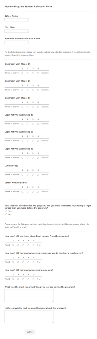 Pipeline Program Student Reflection Form Template