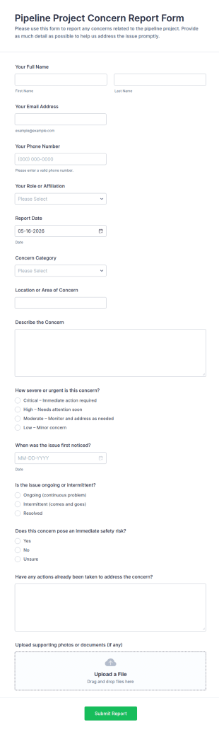 Pipeline Project Concern Report Form Template