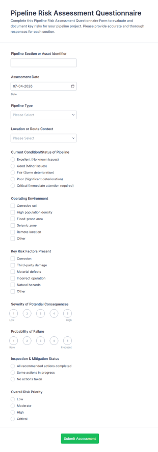 Pipeline Risk Assessment Questionnaire Form Template