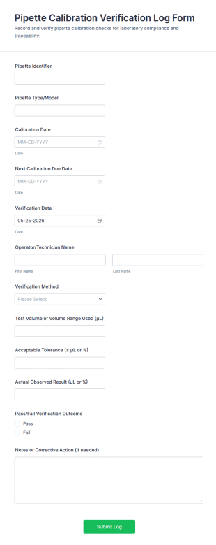 Pipette Calibration Verification Log Form Template