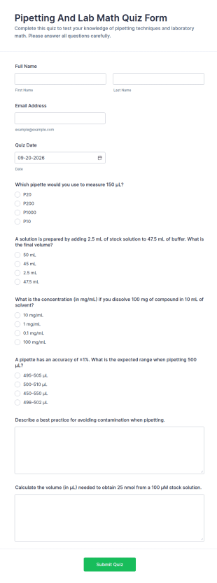 Pipetting And Lab Math Quiz Form Template