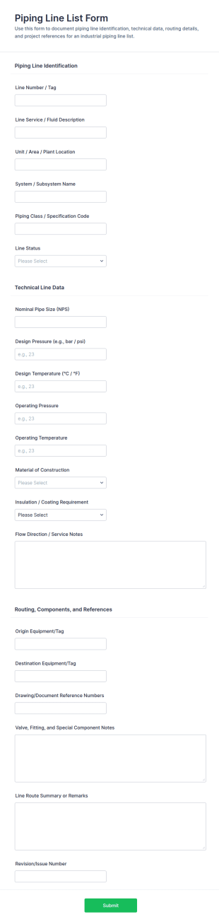 Piping Line List Form Template