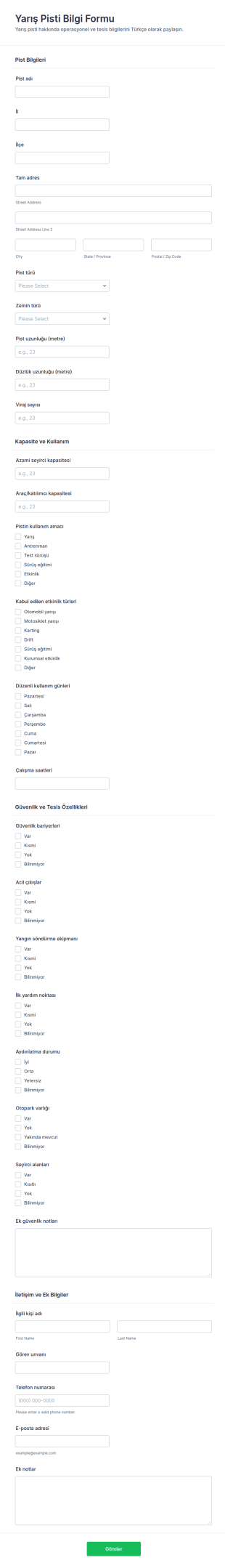 Pist Bilgi Form Şablonu