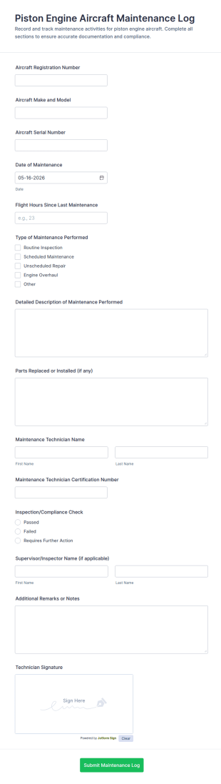 Piston Engine Aircraft Maintenance Log Form Template