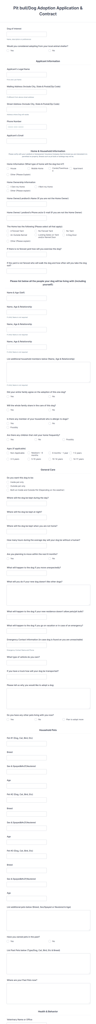 Pitbull Adoption Application Form Template