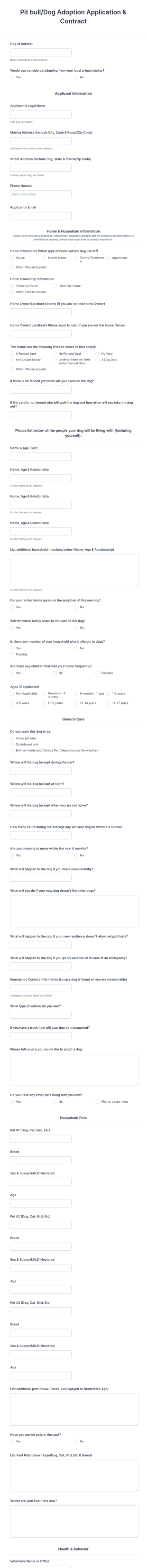 Pitbull Adoption Application Form Template