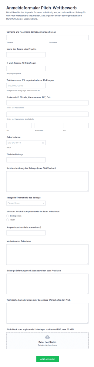 Pitch Wettbewerb Registrierungsformular