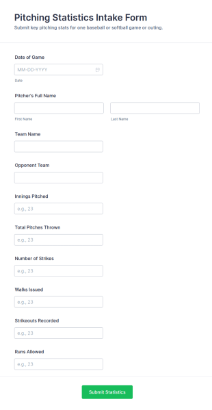 Pitching Statistics Intake Form Template