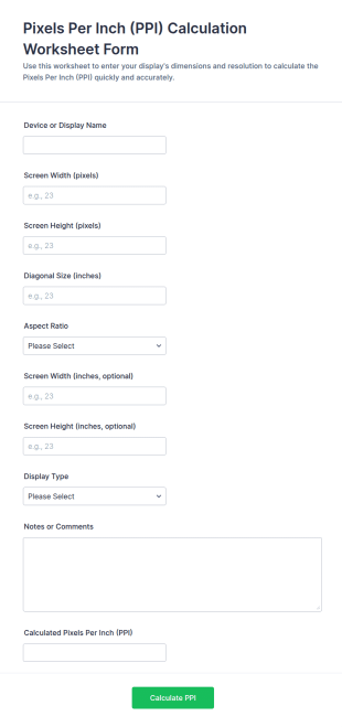 Pixels Per Inch (PPI) Calculation Worksheet Form Template