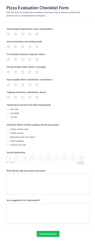 Pizza Evaluation Checklist Form Template