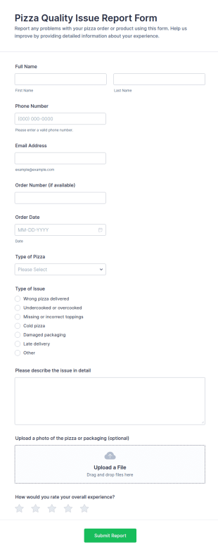 Pizza Quality Issue Report Form Template
