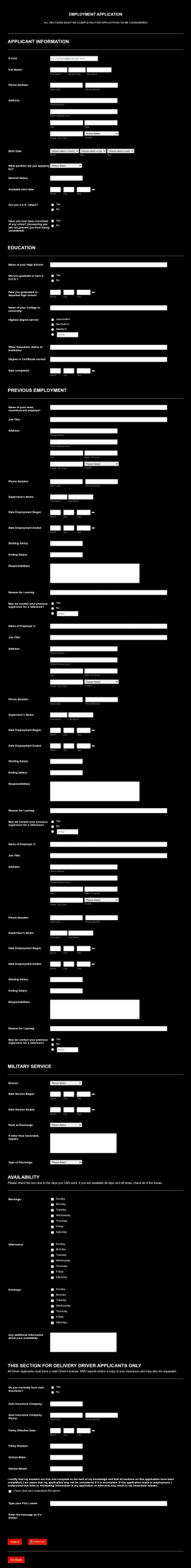 Pizza Restaurant Employment Application Form Template