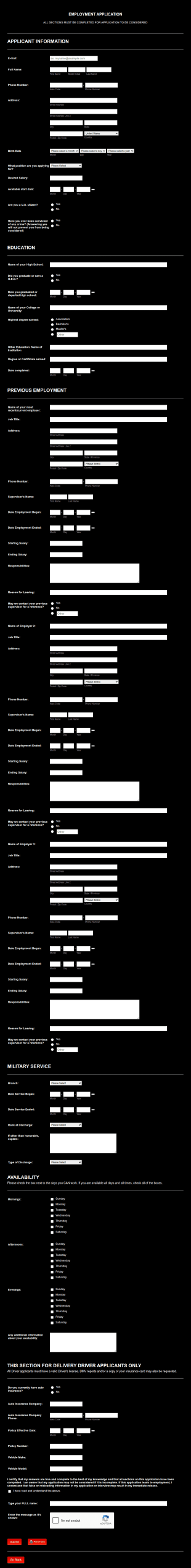 Pizza Restaurant Employment Application Form Template