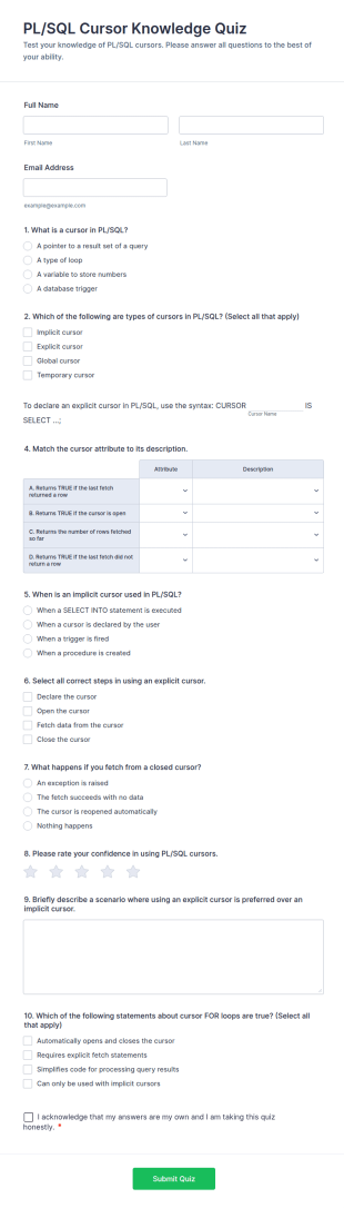PL/SQL Cursor Knowledge Quiz Form Template