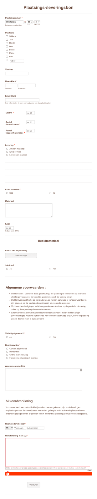 Plaatsings Leveringsbon Formulier Form Template