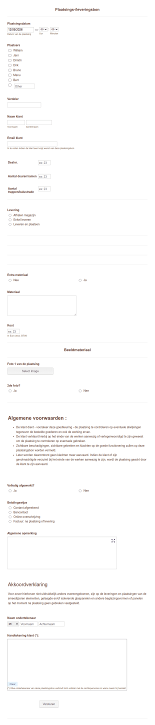 Plaatsings Leveringsbon Formulier