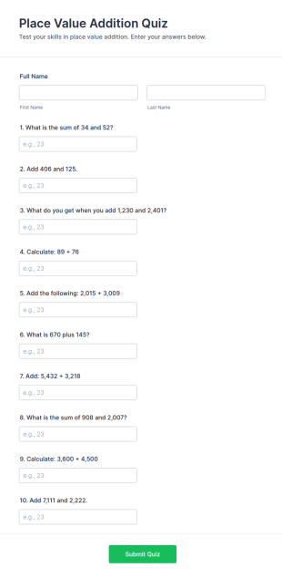 Place Value Addition Quiz Form Template