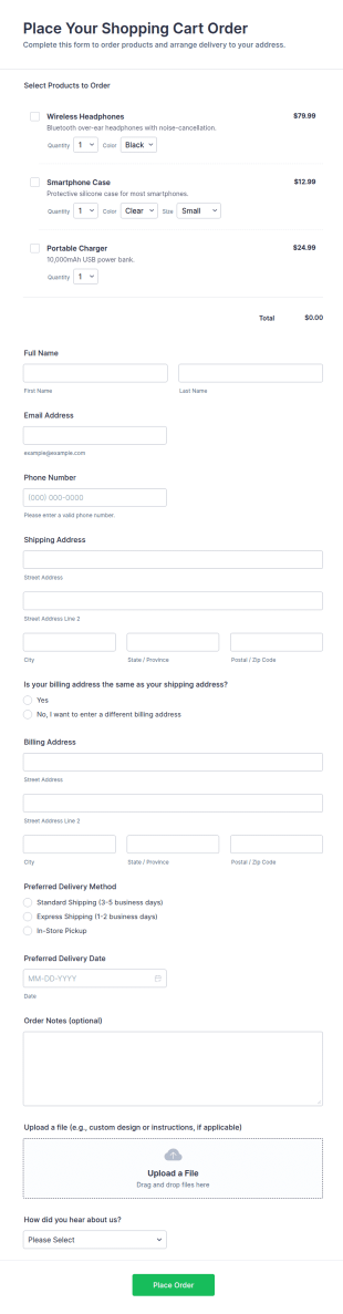 Place Your Shopping Cart Order Form Template
