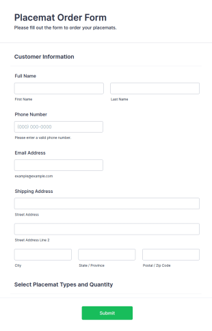 Placemat Order Form Template