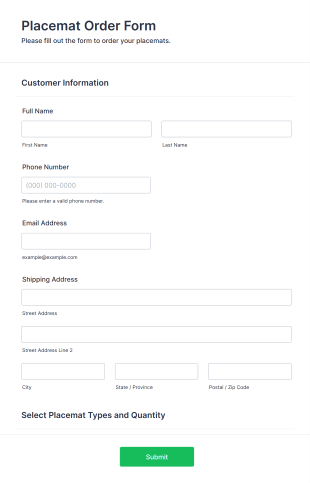 Placemat Order Form Template