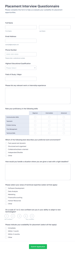 Placement Interview Questionnaire Form Template