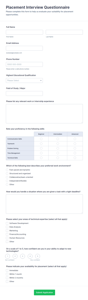 Placement Interview Questionnaire Form Template